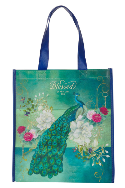 Blessed Blue Peacock Non-Woven Coated Tote Bag - Jeremiah 17:7